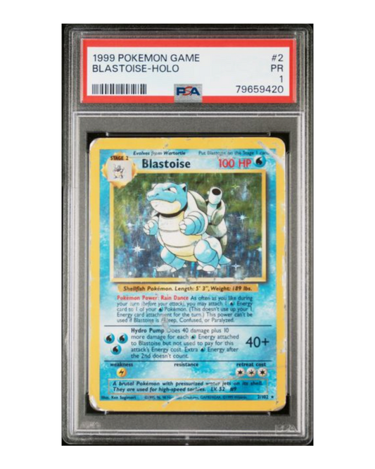 VaultifyUK 1999 Base Set Blastoise holographic Pokémon card graded PSA 1 in a protective plastic slab
