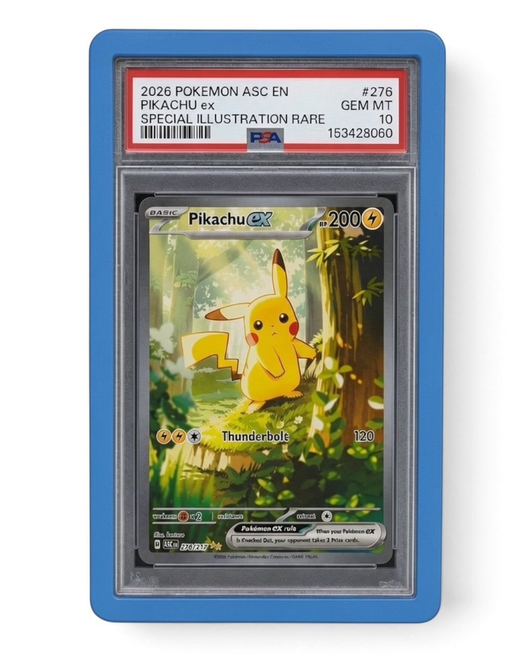 VaultifyUK Shield blue TPU bumper protecting a PSA graded Pikachu Pokemon card slab