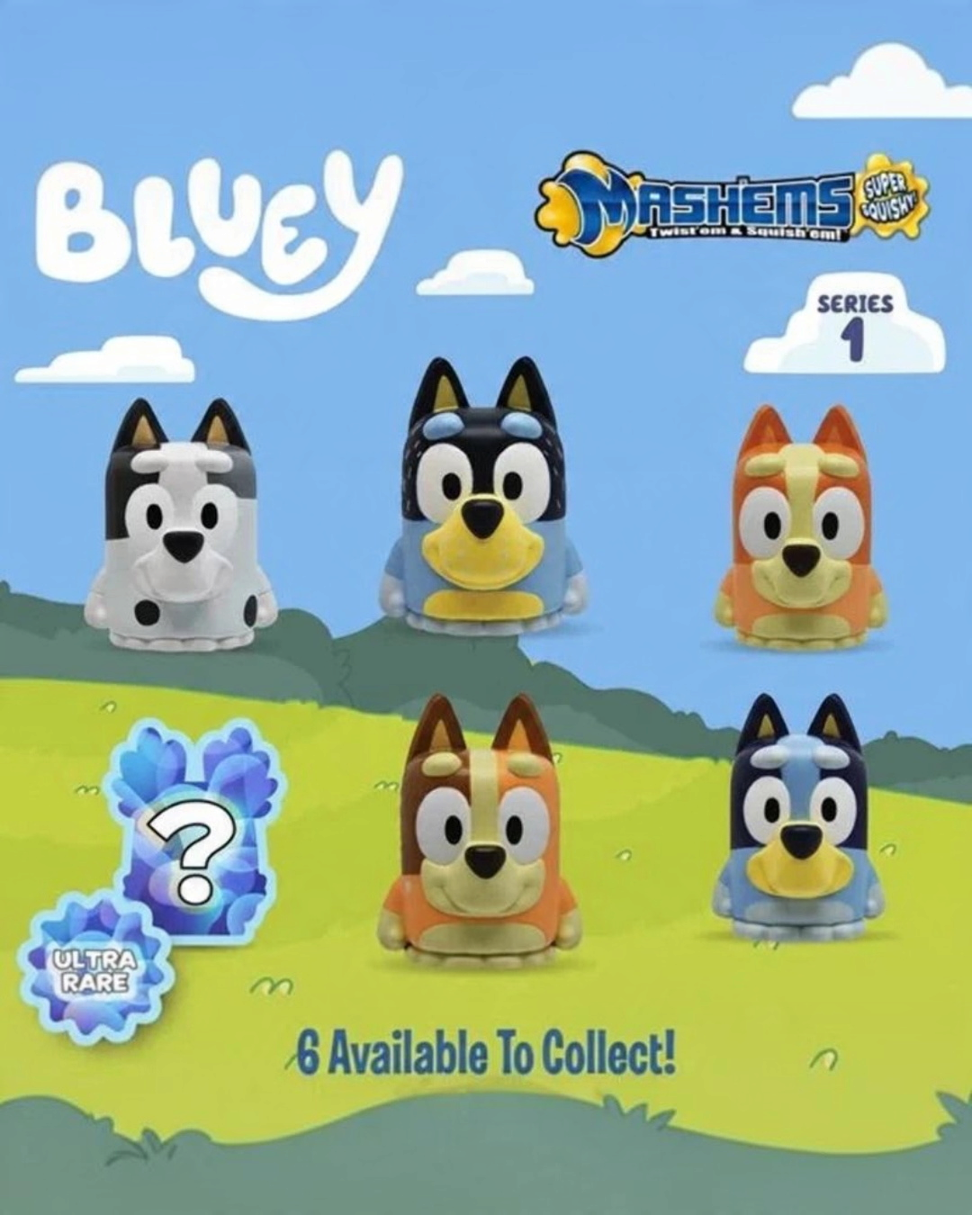 VaultifyUK Bluey Mashems Series 1 collection featuring various squishy character figures in a grassy field setting