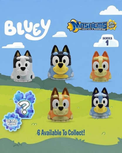 VaultifyUK Bluey Mashems Series 1 collection featuring various squishy character figures in a grassy field setting