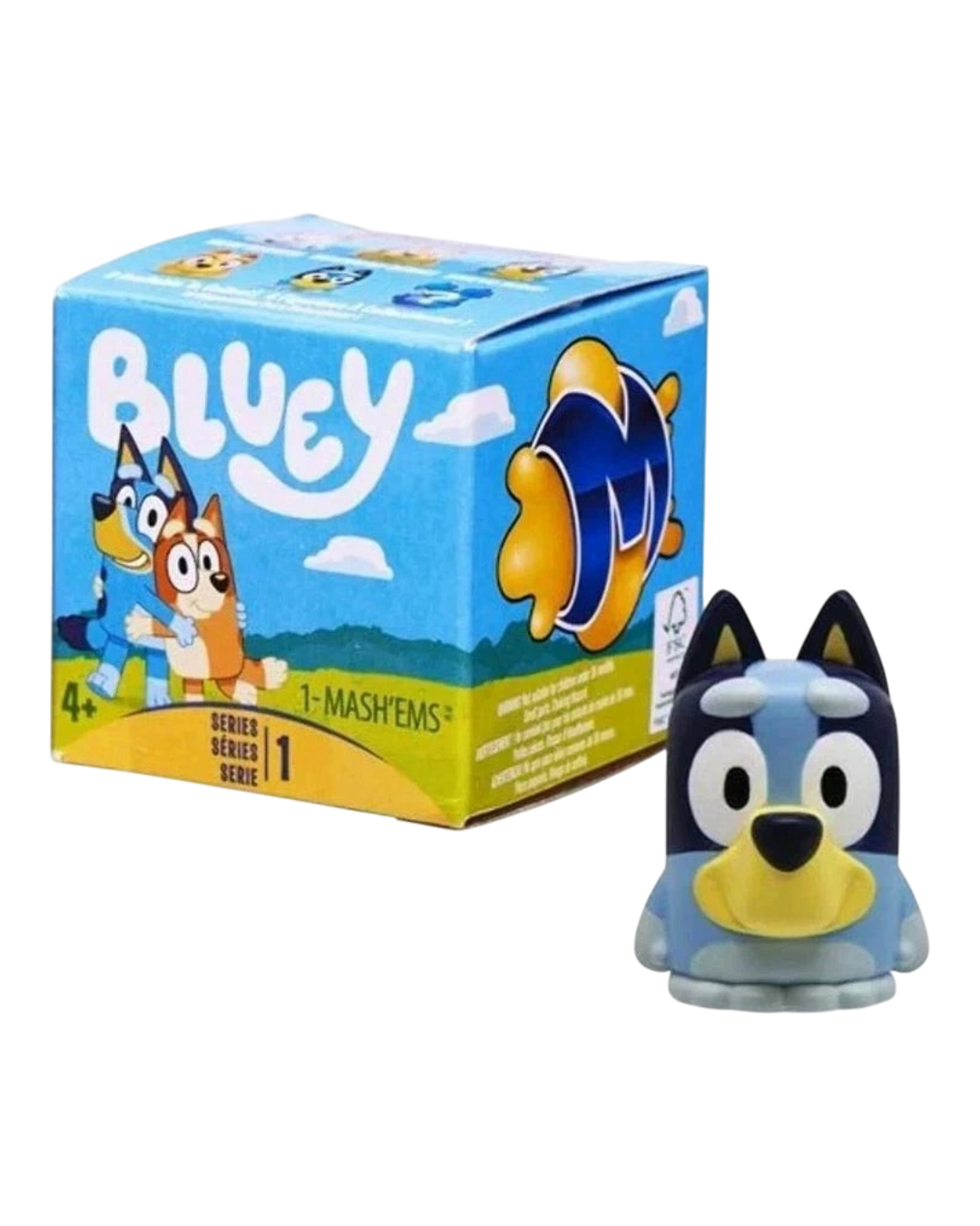 VaultifyUK Bluey Mashems surprise squishy toy featuring a Bluey character figurine next to its blue retail box