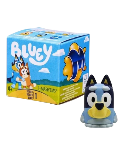 VaultifyUK Bluey Mashems surprise squishy toy featuring a Bluey character figurine next to its blue retail box
