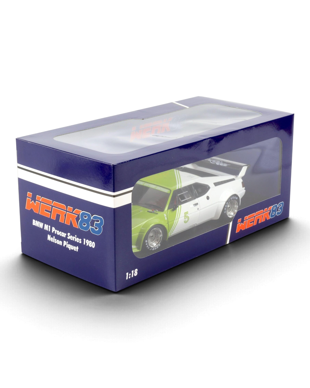 VaultifyUK 1:18 scale Werk83 BMW M1 Procar #5 model car driven by Nelson Piquet in 1980, displayed in its box.