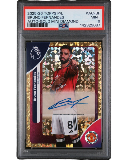 VaultifyUK Bruno Fernandes Topps Gold Mini Diamond autograph card, numbered 06/50, graded PSA 9 Mint.