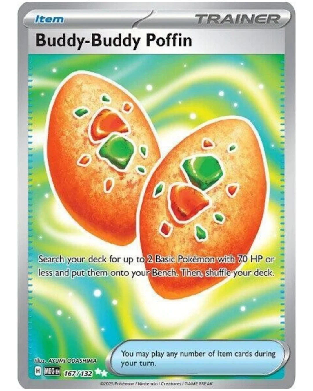 VaultifyUK Pokémon TCG Buddy-Buddy Poffin 167/132 Mega Evolution full-art trainer card with vibrant green background