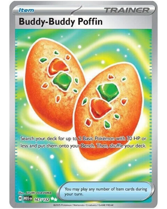 VaultifyUK Pokémon TCG Buddy-Buddy Poffin 167/132 Mega Evolution full-art trainer card with vibrant green background