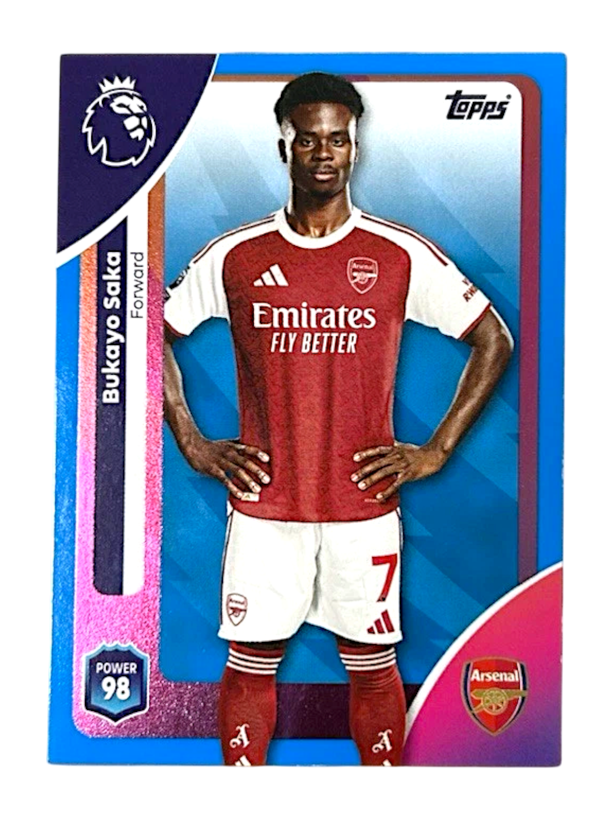 VaultifyUK 2025/26 Topps Premier League Bukayo Saka blue parallel football card featuring Arsenal kit