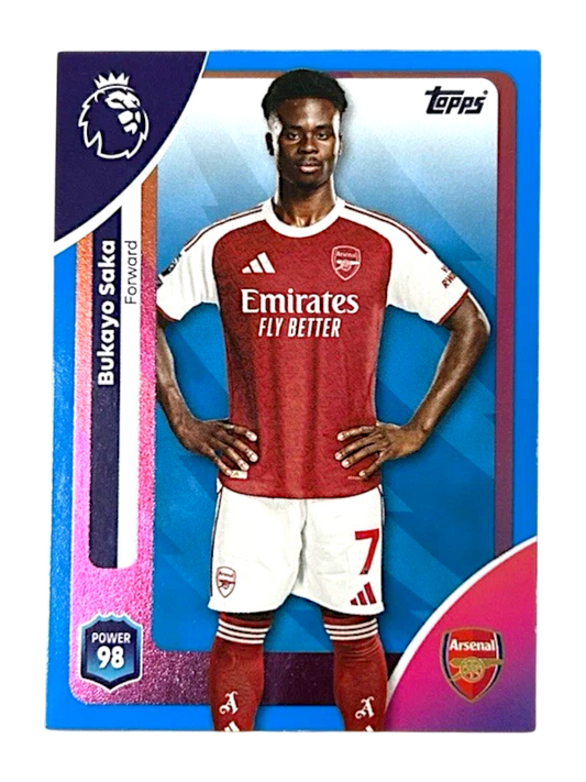 VaultifyUK 2025/26 Topps Premier League Bukayo Saka blue parallel football card featuring Arsenal kit