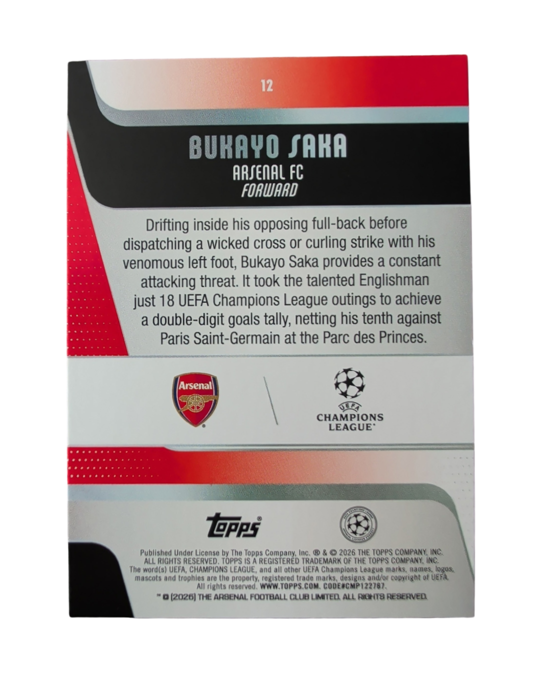 VaultifyUK Topps Flagship UCC Bukayo Saka football card back featuring Arsenal crest and player biography details