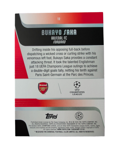 VaultifyUK Topps Flagship UCC Bukayo Saka football card back featuring Arsenal crest and player biography details