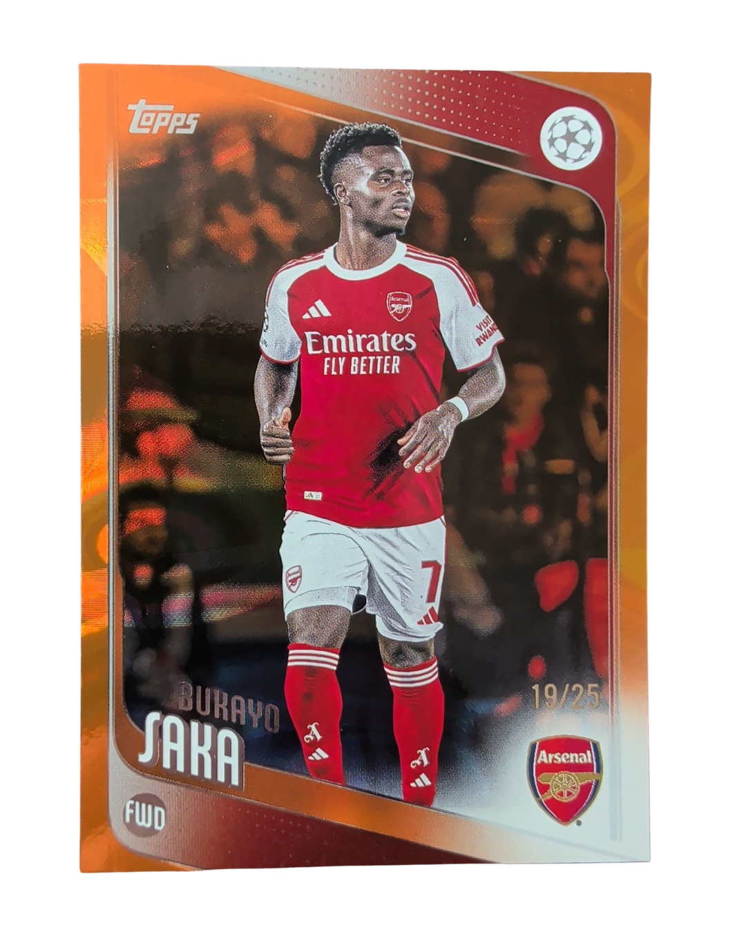 VaultifyUK Topps Flagship UCC Bukayo Saka football card with rare orange raindrop parallel numbered 19 of 25