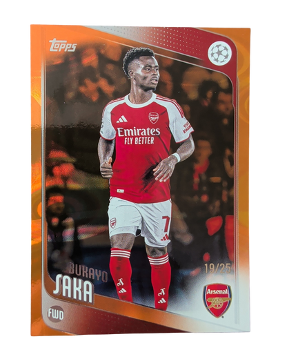 VaultifyUK Topps Flagship UCC Bukayo Saka football card with rare orange raindrop parallel numbered 19 of 25