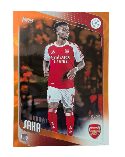 VaultifyUK Topps Flagship UCC Bukayo Saka football card with rare orange raindrop parallel numbered 19 of 25