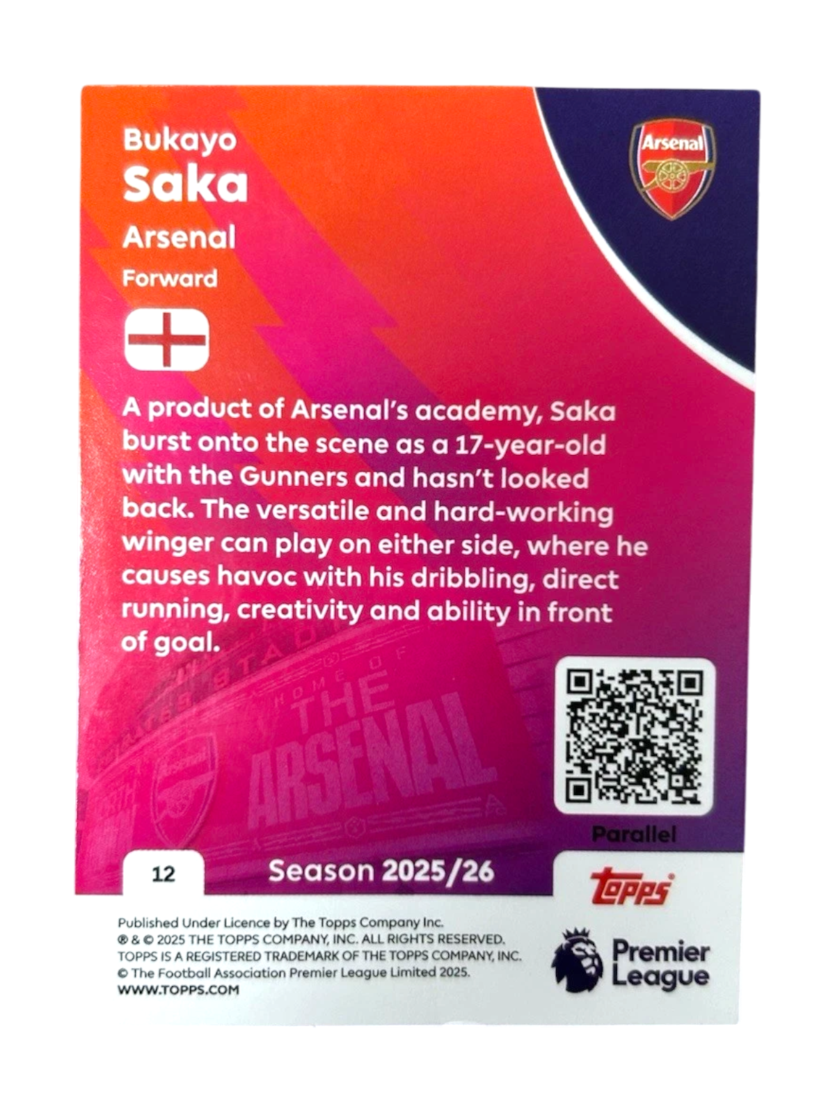 VaultifyUK 2025/26 Topps Premier League Bukayo Saka blue parallel trading card back showing player stats and bio