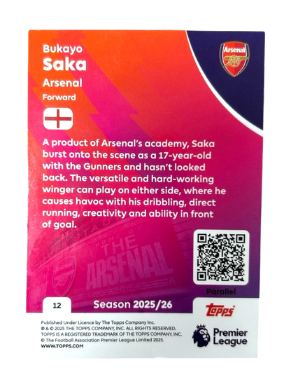 VaultifyUK 2025/26 Topps Premier League Bukayo Saka blue parallel trading card back showing player stats and bio