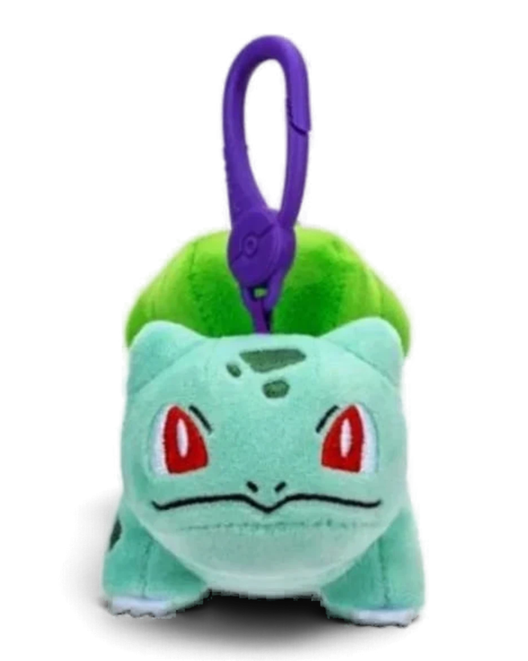VaultifyUK Bulbasaur plush bag clip with a purple plastic carabiner, soft green and teal fabric Pokémon keychain.