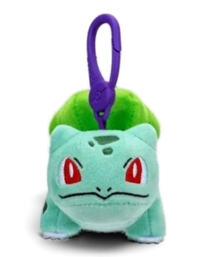 VaultifyUK Bulbasaur plush bag clip with a purple plastic carabiner, soft green and teal fabric Pokémon keychain.