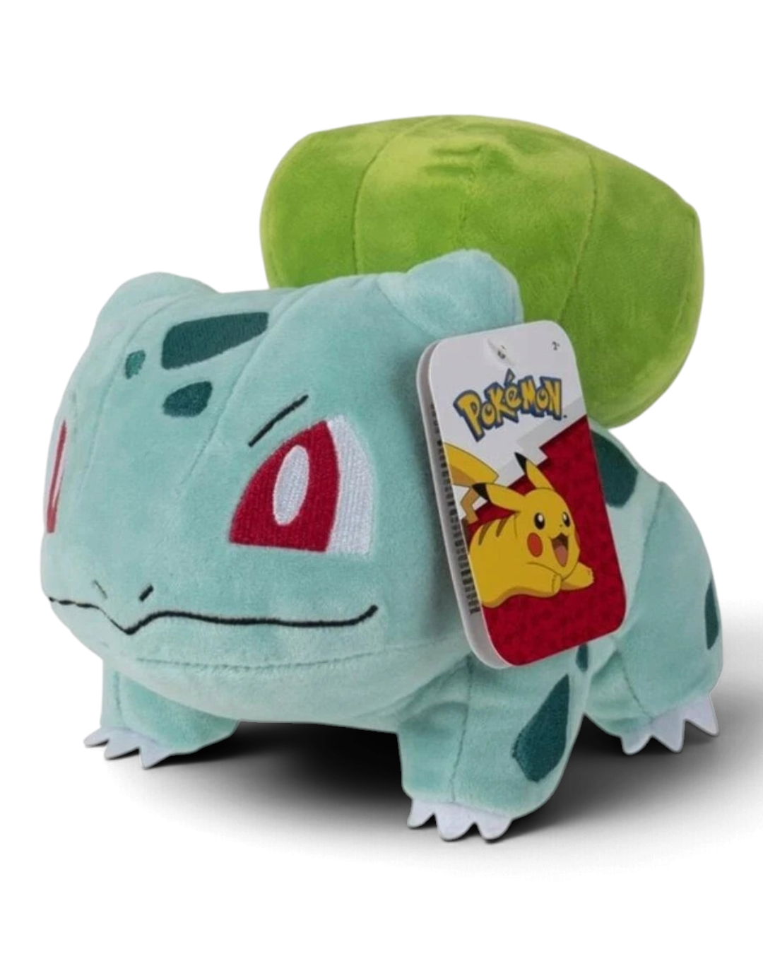 VaultifyUK 8-inch Bulbasaur plush toy with soft light green fabric, green bulb, and official Pokémon hang tag.