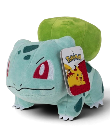 VaultifyUK 8-inch Bulbasaur plush toy with soft light green fabric, green bulb, and official Pokémon hang tag.