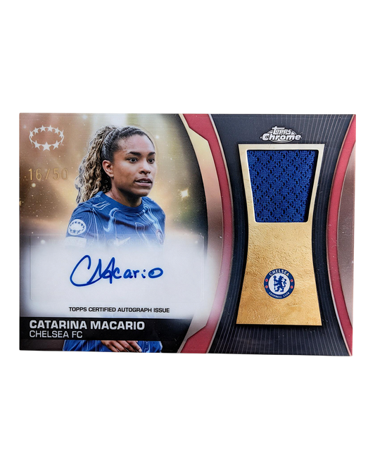VaultifyUK Topps Chrome UWCL Catarina Macario autographed card with blue Chelsea FC jersey relic, numbered 16/50.