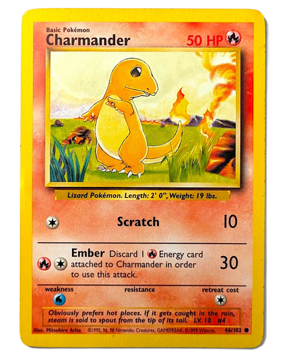 VaultifyUK Charmander 46/102 Base Set Unlimited Pokémon trading card with visible edge wear