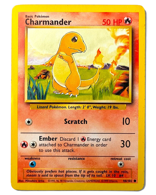 VaultifyUK Charmander 46/102 Base Set Unlimited Pokémon trading card with visible edge wear