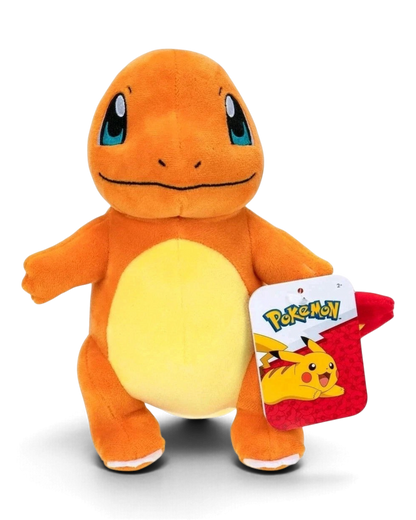 VaultifyUK 8-inch Charmander plush toy with soft orange fabric, yellow belly, and official Pokémon hang tag