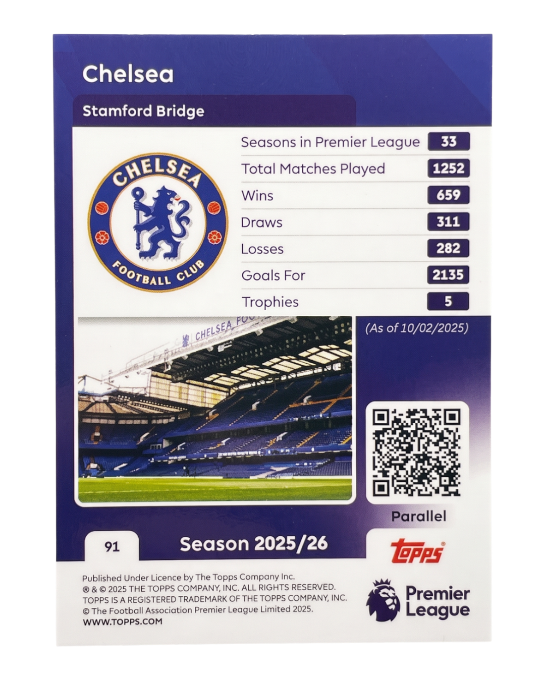 VaultifyUK 2025/26 Topps Premier League Chelsea FC badge card, green parallel featuring club stats and stadium photo.