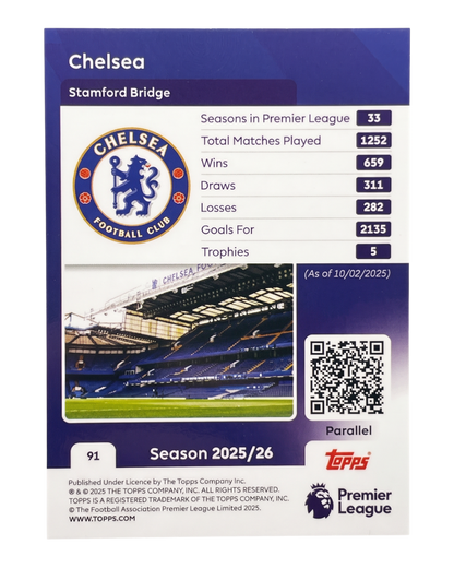 VaultifyUK 2025/26 Topps Premier League Chelsea FC badge card, green parallel featuring club stats and stadium photo.