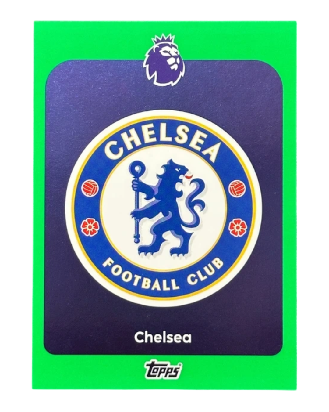 VaultifyUK 2025/26 Topps Premier League Chelsea FC club badge trading card with a vibrant green parallel border.