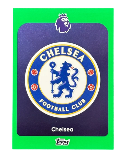 VaultifyUK 2025/26 Topps Premier League Chelsea FC club badge trading card with a vibrant green parallel border.