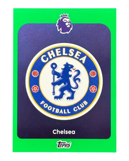 VaultifyUK 2025/26 Topps Premier League Chelsea FC club badge trading card with a vibrant green parallel border.
