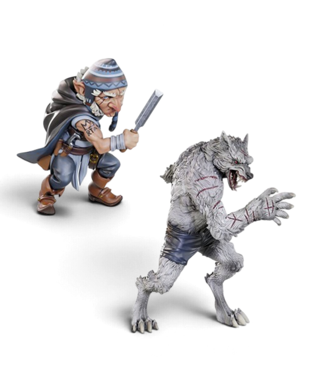 VaultifyUK Critical Role Chetney Pock O'Pea and werewolf unpainted miniatures for tabletop gaming and painting.