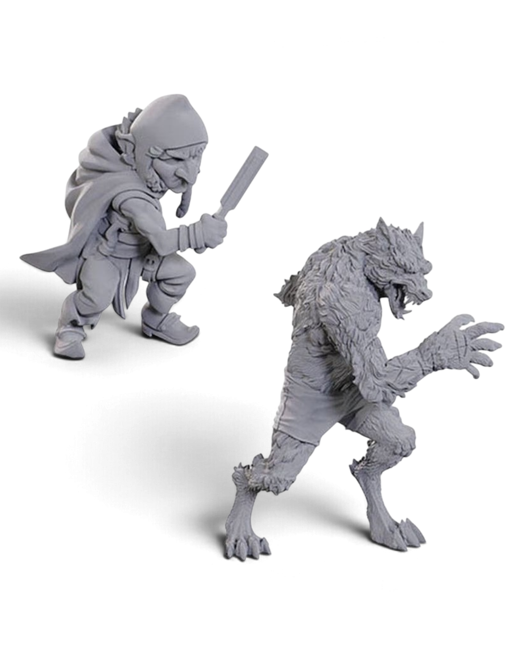 VaultifyUK unpainted Chetney Pock O'Pea and werewolf miniatures from Critical Role, primed and ready for painting.