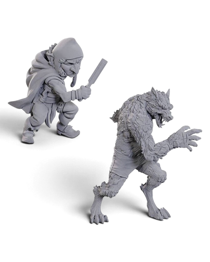 VaultifyUK unpainted Chetney Pock O'Pea and werewolf miniatures from Critical Role, primed and ready for painting.