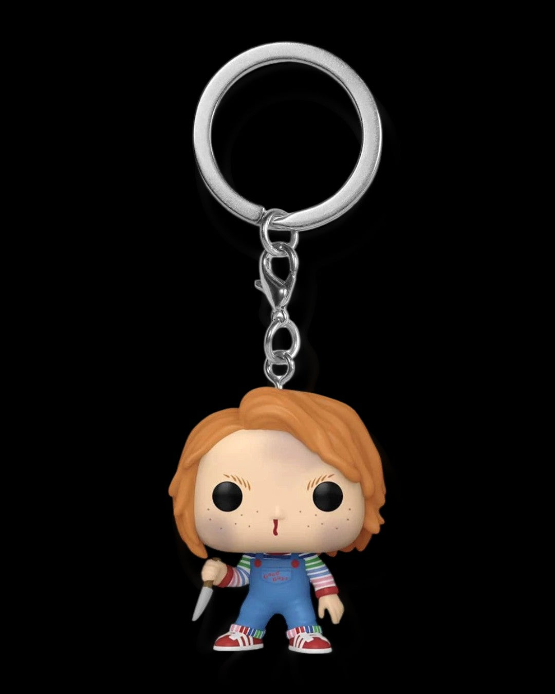 VaultifyUK Funko Pop! Chucky keychain featuring the horror character with a knife and Good Guys dungarees.