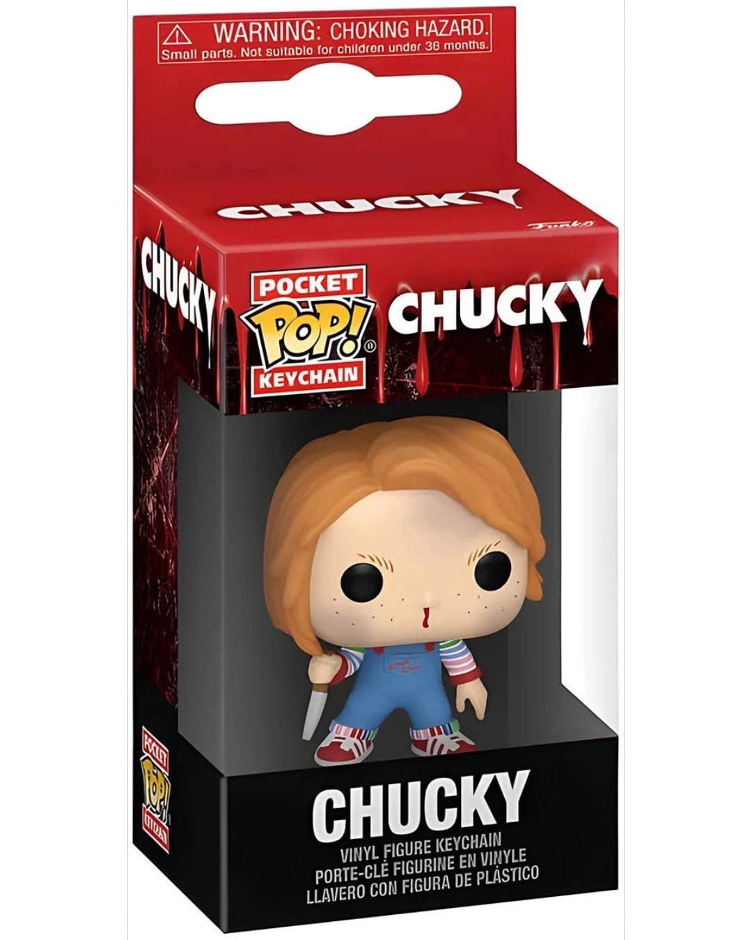 VaultifyUK Chucky Pocket Pop! keychain featuring the horror character with a knife in a branded display box.