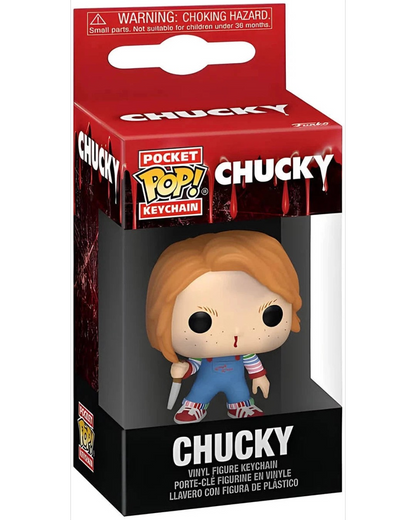 VaultifyUK Chucky Pocket Pop! keychain featuring the horror character with a knife in a branded display box.