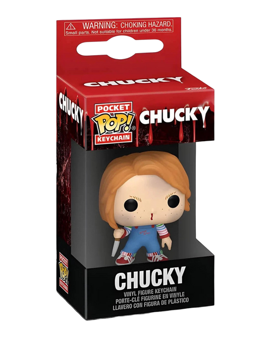 VaultifyUK Chucky Pocket Pop! keychain featuring the horror character with a knife in a branded display box.