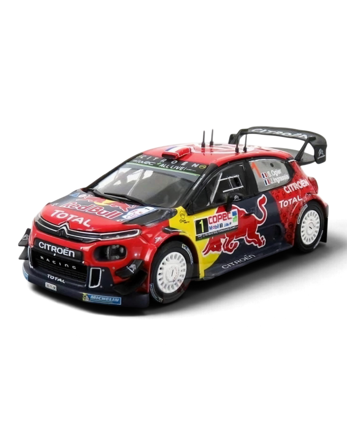 VaultifyUK 1:43 scale Citroën C3 WRC rally car model, red and blue livery with Red Bull and Total branding