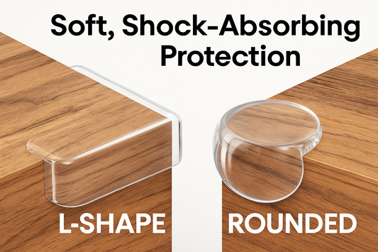 Soft shock-absorbing clear baby corner protectors, L-shape versus rounded style comparison on a wood table edge.