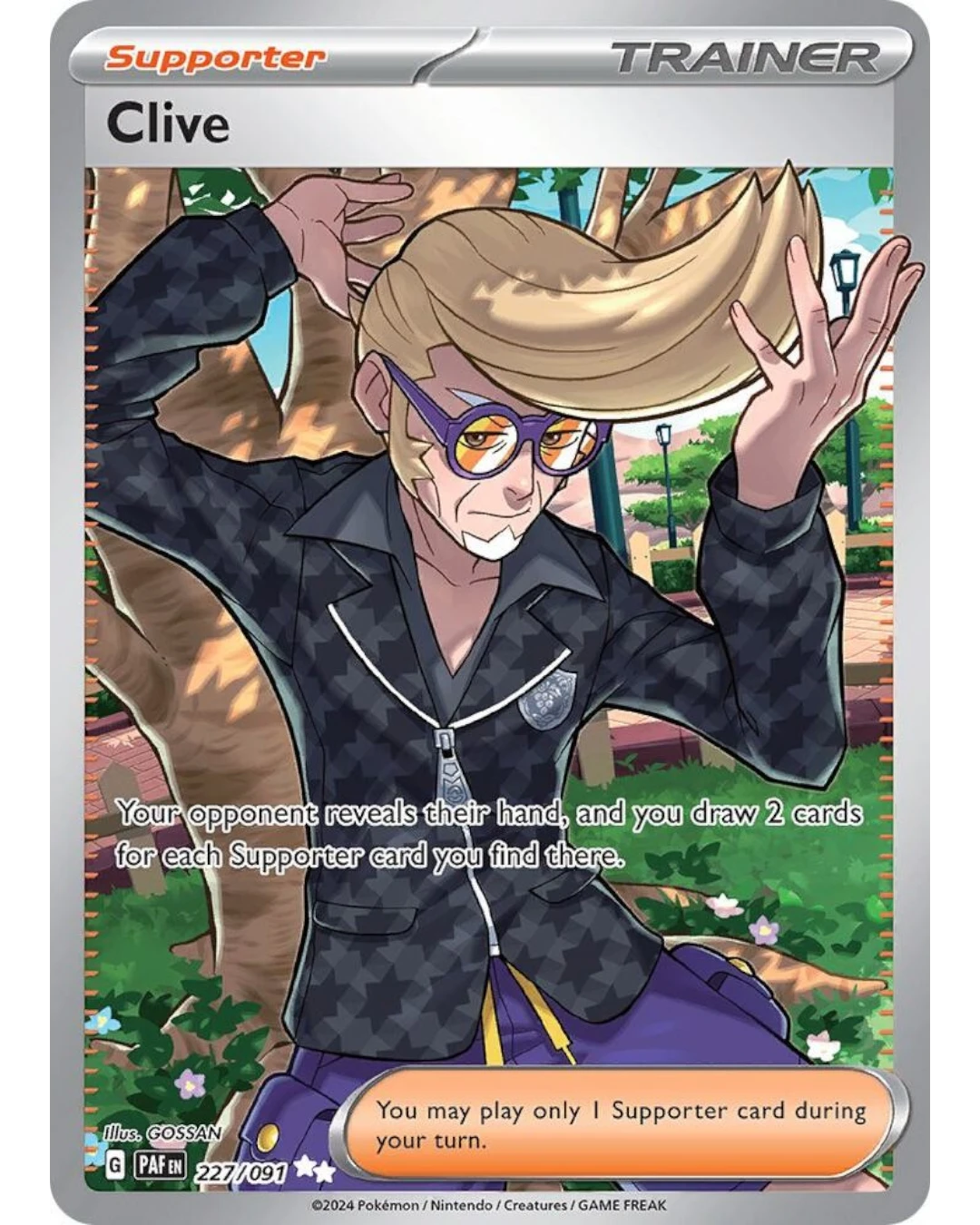 VaultifyUK Clive 227/091 Paldean Fates full art trainer card featuring the character in a confident pose