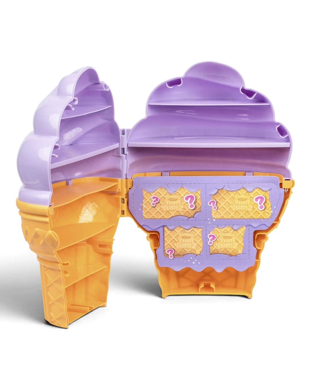 Cookeez Makery Yum Yumz ice cream cone collector's case opened to show interior display shelves.
