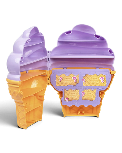 Cookeez Makery Yum Yumz ice cream cone collector's case opened to show interior display shelves.