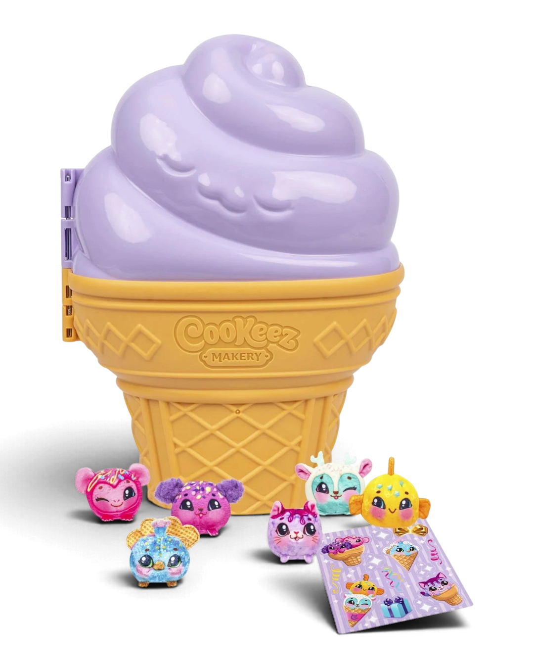 Cookeez Makery Yum Yumz ice cream cone collector's case shown with its plush characters and sticker sheet.