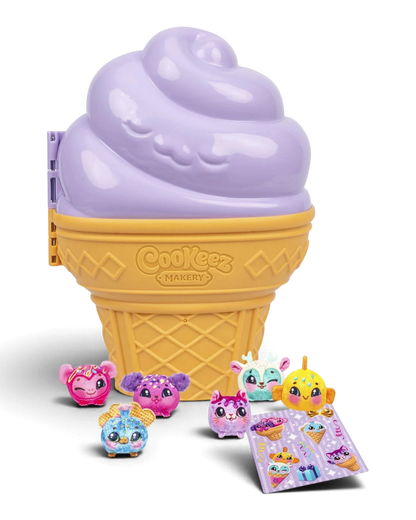 Cookeez Makery Yum Yumz ice cream cone collector's case shown with its plush characters and sticker sheet.