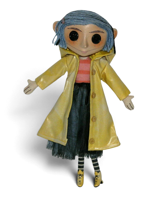 VaultifyUK 10-inch Coraline prop replica doll with button eyes, yellow raincoat, and poseable wire armature.