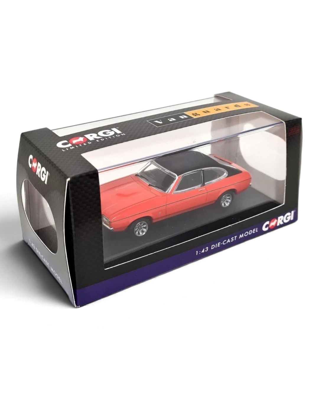 VaultifyUK Corgi Vanguards 1:43 scale Ford Capri Mk2 3-Litre Ghia model car in Sebring Red with a black roof.