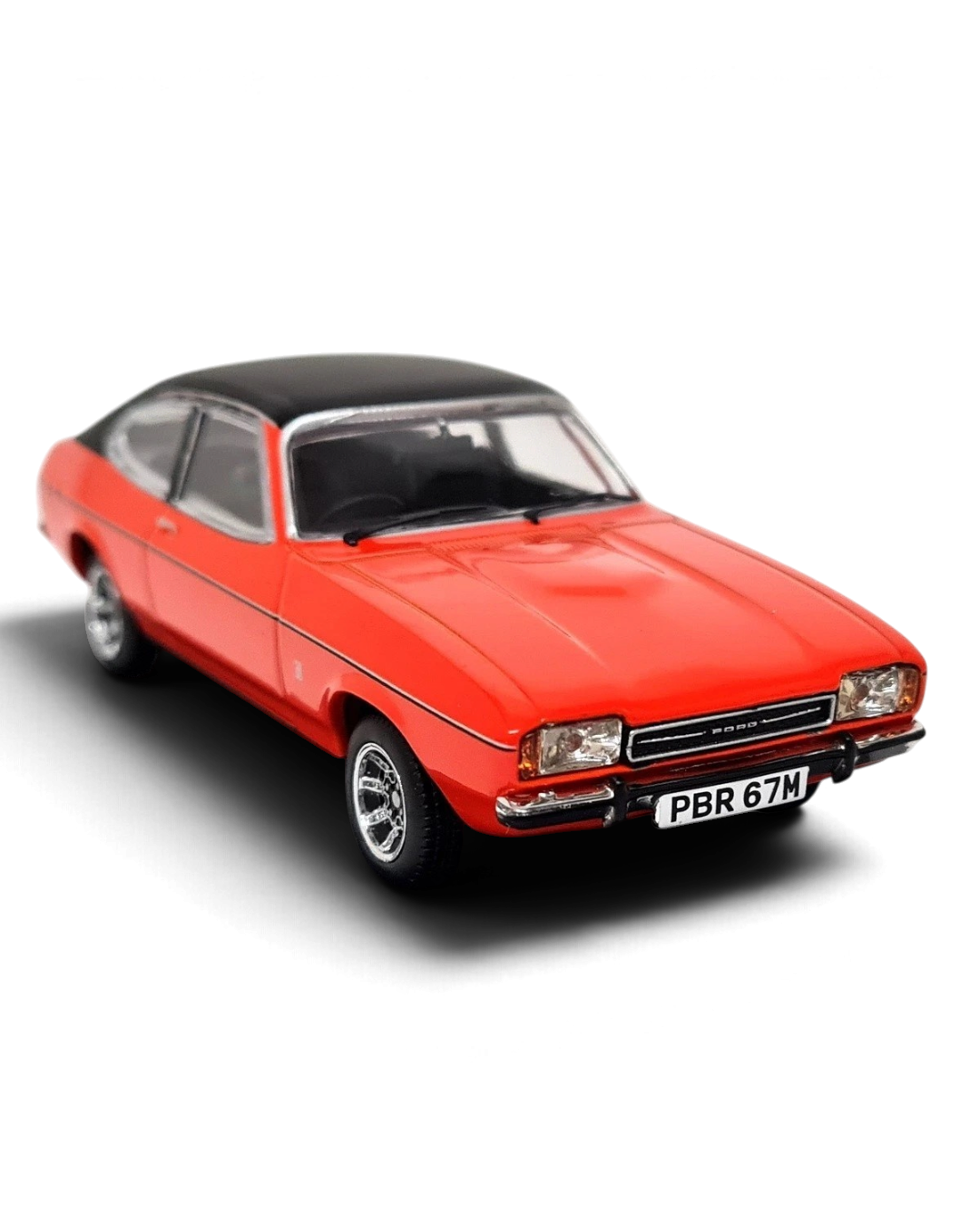 VaultifyUK Corgi Vanguards 1:43 scale Ford Capri Mk2 3-Litre Ghia model car in Sebring Red with a black roof.