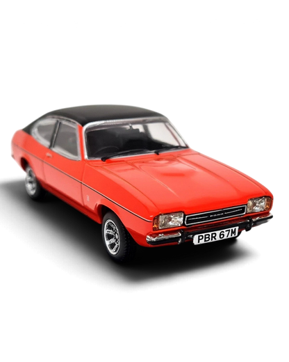 VaultifyUK Corgi Vanguards 1:43 scale Ford Capri Mk2 3-Litre Ghia model car in Sebring Red with a black roof.